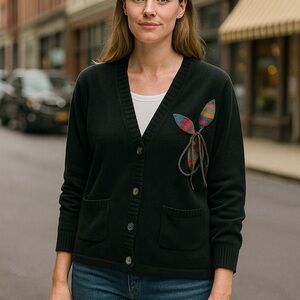 Anthropologie COUSIN JOHNNY Vintage Knit Cardigan with Striped  Appliqué